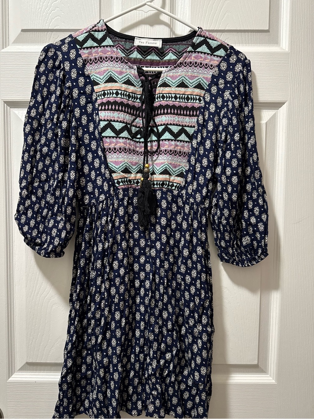 Ces Femme Navy Mini Dress with Multicolor Embroidered Yoke